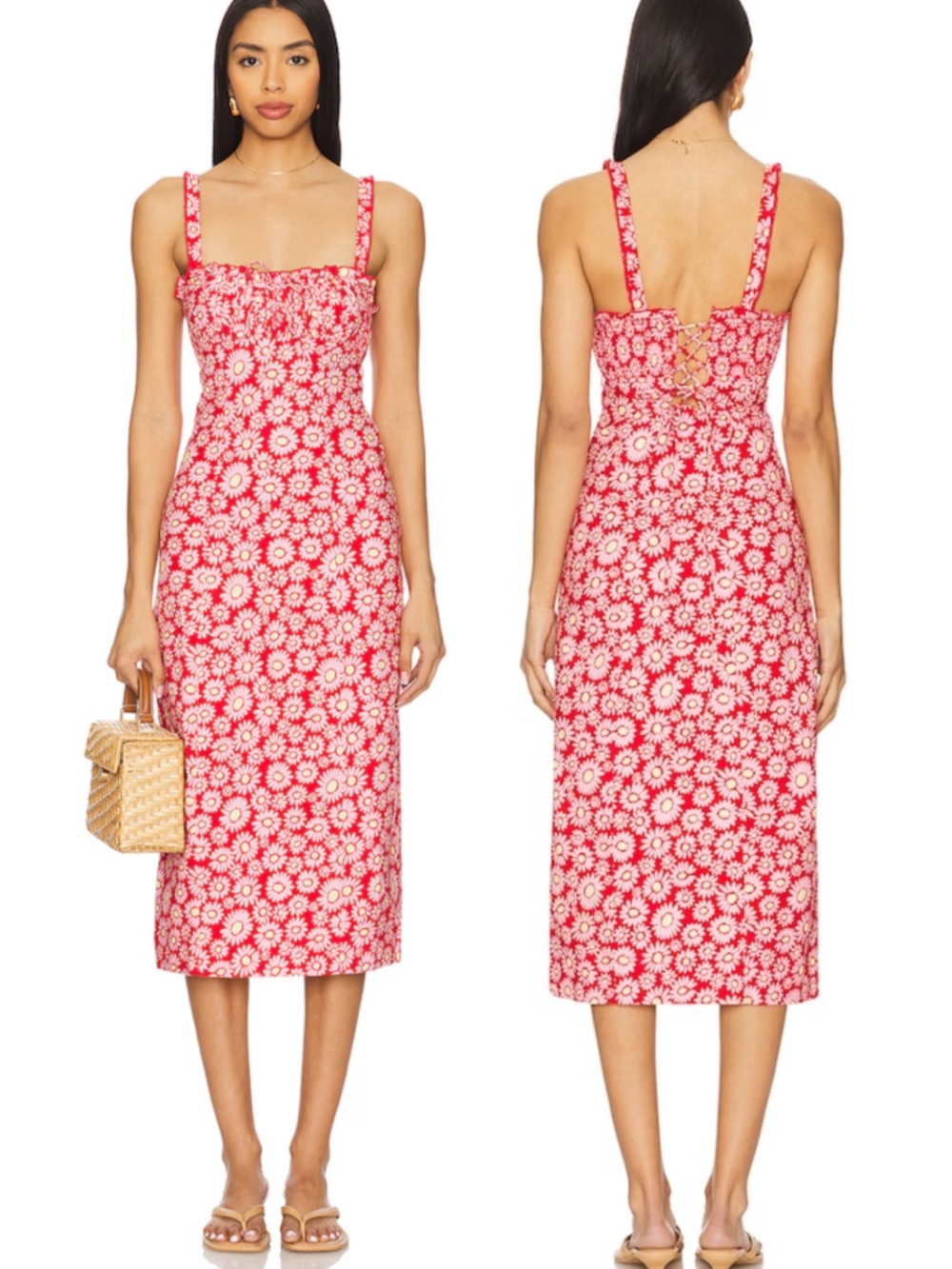 🍅🌼FREE PEOPLE Lucinda Midi Sundress Tomato Daisy Bright Red Floral Lace-Up XL - Picture 8 of 16